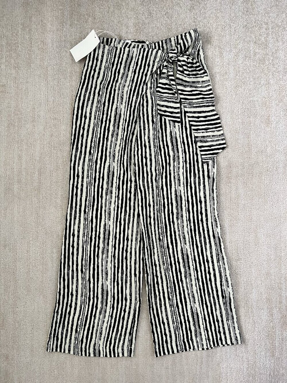 ZARA Striped Wide Leg Pants Wrap Knot Front Black Beige M NWT